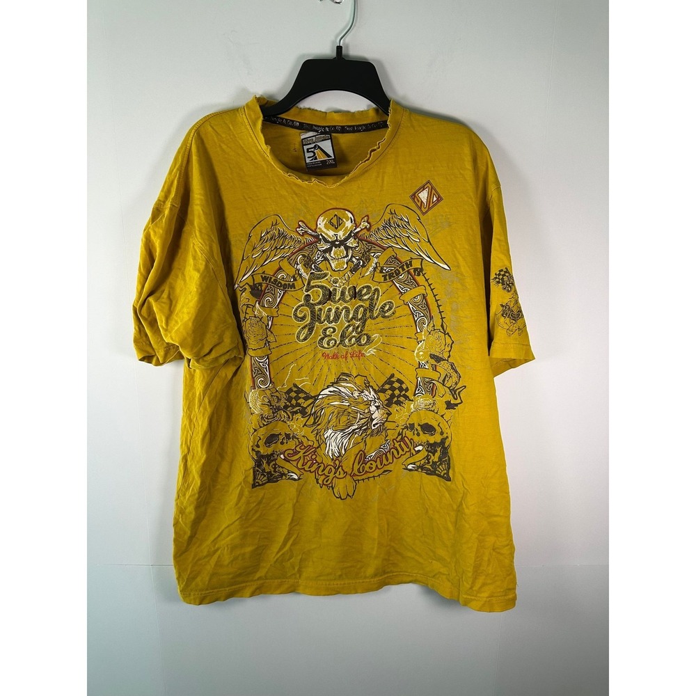 5ive Jungle T-Shirt Mens 2XL Yellow Graphic Skull Glitter Distressed Crew Neck